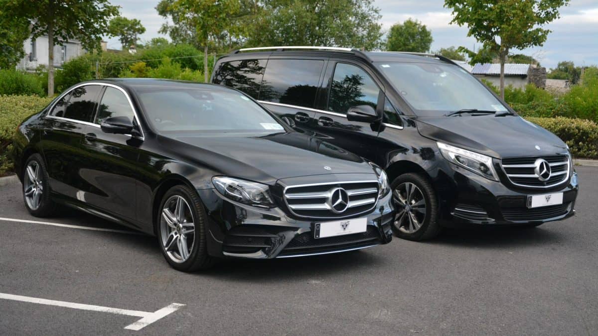 two-black-mercedes-benz-e-class-and-v-class-executive-taxi-alternative-in-dublin-chauffeur-car-service