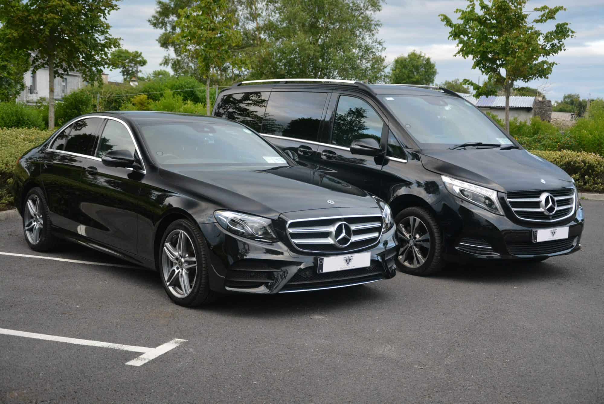two-black-mercedes-benz-e-class-and-v-class-executive-taxi-alternative-in-dublin-chauffeur-car-service